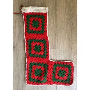 Vintage Handmade Granny Square Crochet Large 23" Christmas Stocking Red Green